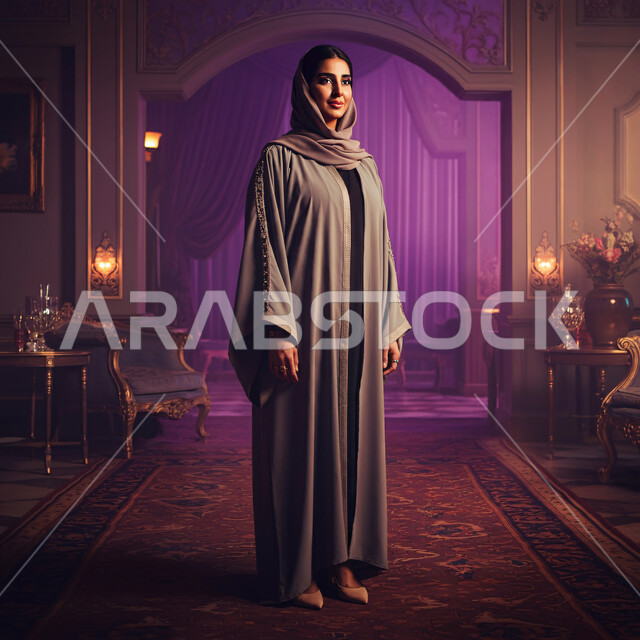 تصاميم وموديلات عباءات نسائية خليجية معاصرة, متابعة الأزياء والاهتمام بصيحات الموضة, صورة مقربة لعارضة أزياء عربية سعودية خليجية ترتدي عباية أنيقة تنظر الى الكاميرا، مفهوم الأناقة والاهتمام بالمظهرالخارجي