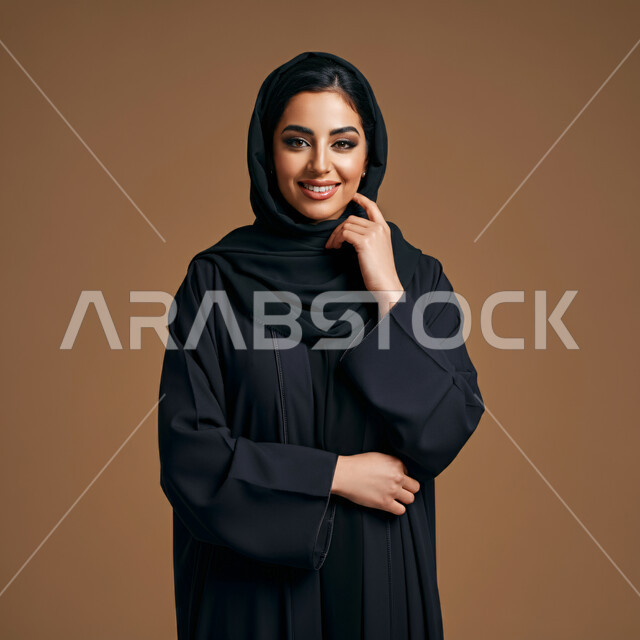 مفهوم النعومة والأنوثة، أزياء محجبات عصرية راقية، الأناقة والاهتمام بالمظهر الخارجي، بورتريه مقرب لامرأة عربية خليجية سعودية مبتسمة ترتدي العباءة والحجاب تنظر الى الكاميرا بإيماءات السرور و الثقة بالنفس، خلفية بنية 
