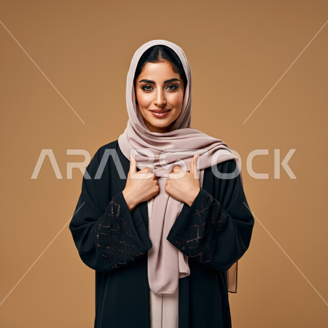 مفهوم النعومة والأنوثة، أزياء محجبات عصرية راقية، الأناقة والاهتمام بالمظهر الخارجي، بورتريه مقرب لامرأة عربية خليجية سعودية مبتسمة ترتدي العباءة والحجاب تنظر الى الكاميرا بإيماءات السرور و الثقة بالنفس، خلفية بنية 