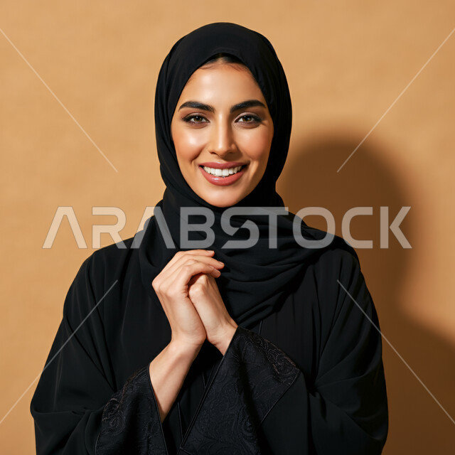 مفهوم النعومة والأنوثة، أزياء محجبات عصرية راقية، الأناقة والاهتمام بالمظهر الخارجي، بورتريه مقرب لامرأة عربية خليجية سعودية مبتسمة ترتدي العباءة والحجاب تنظر الى الكاميرا بإيماءات السرور و الثقة بالنفس، خلفية بنية 