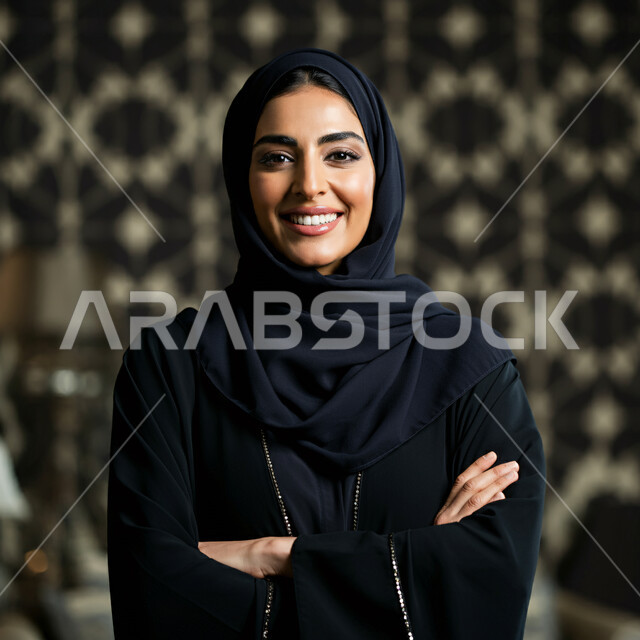  النظر الى الكاميرا بتعابير السرور، الملامح العربية الأصيلة، ملابس وأزياء محجبات عصرية راقية، مفهوم الثقة بالنفس والاهتمام بالمظهر الخارجي، صورة مقربة لامرأة عربية خليجية سعودية مبتسمة ترتدي الحجاب والعباءة تقف بأيدي متقاطعة