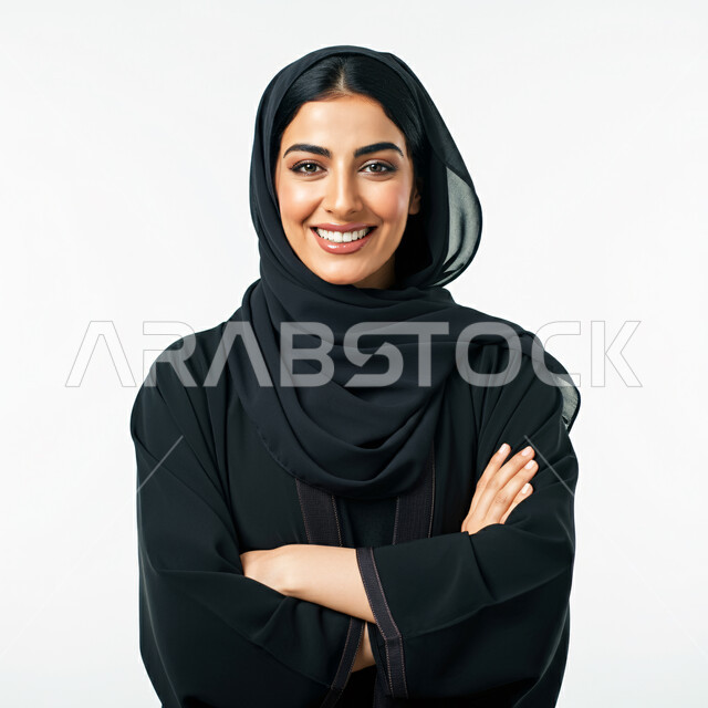 الملامح العربية الأصيلة، ملابس وأزياء محجبات عصرية راقية، مفهوم الثقة بالنفس والاهتمام بالمظهر الخارجي، بورتريه مقرب لامرأة عربية خليجية سعودية مبتسمة ترتدي الحجاب والعباءة تنظر الى الكاميرا بتعابير السرور تقف بأيدي متقاطعة، خلفية بيضاء