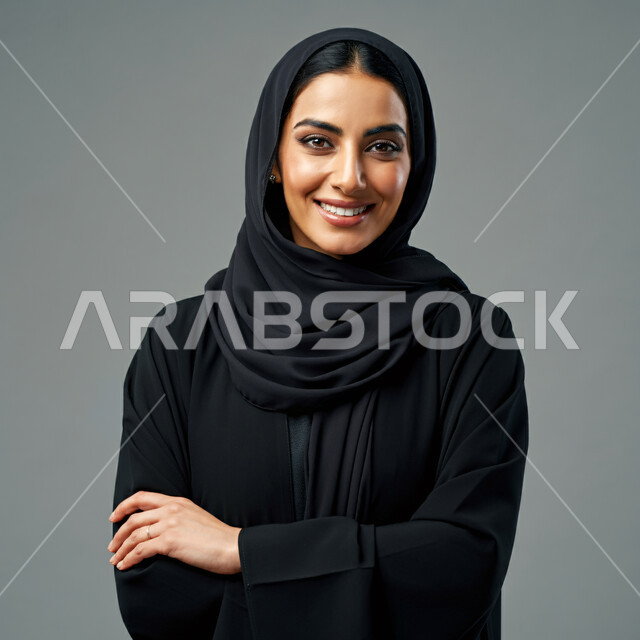  أزياء محجبات عصرية راقية، الملامح العربية الأصيلة، مفهوم الثقة بالنفس والاهتمام بالمظهر الخارجي، بورتريه مقرب لامرأة عربية خليجية سعودية مبتسمة ترتدي الحجاب والعباءة تنظر الى الكاميرا بتعابير السرور تقف بأيدي متقاطعة، خلفية رمادية