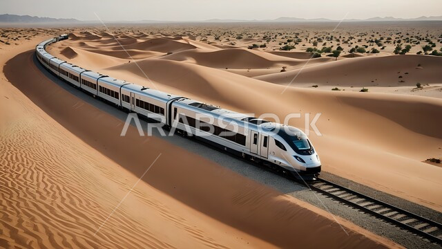 Advanced means of transportation in the Kingdom of Saudi Arabia, a high-speed train traveling through the desert, famous tourist places and landmarks, the modern engineering art of trains and railways between the golden sands, reducing time and distances between distant areas, soft golden sand hills