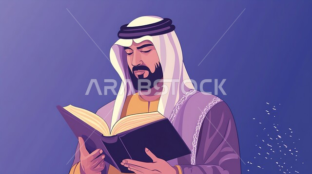 The importance of reading in expanding the horizons of knowledge and increasing information, the role of education in developing Saudi society, a close-up portrait of a Saudi Arabian Gulf man wearing traditional dress reading from a book, knowledge is the key to development and success, navy blue background