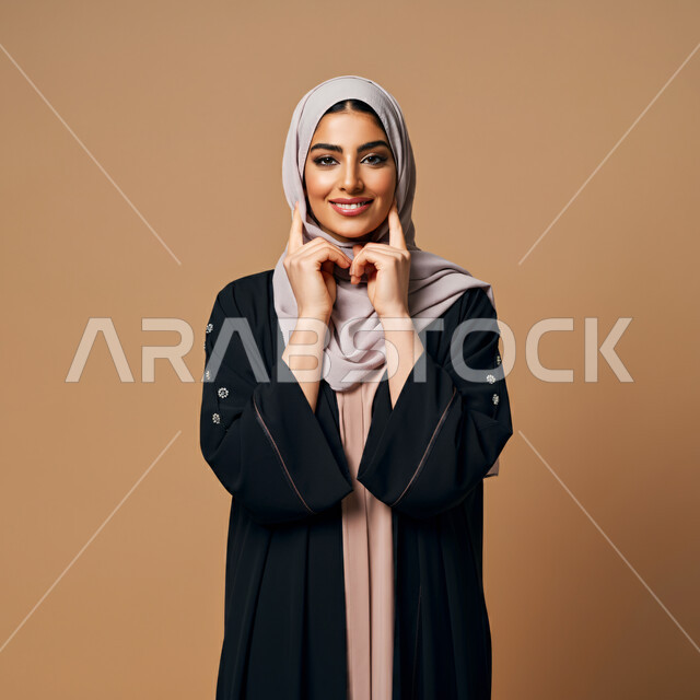 مفهوم النعومة والأنوثة، أزياء محجبات عصرية راقية، الأناقة والاهتمام بالمظهر الخارجي، بورتريه مقرب لامرأة عربية خليجية سعودية مبتسمة ترتدي العباءة والحجاب تنظر الى الكاميرا بإيماءات السرور و الثقة بالنفس، خلفية بنية 