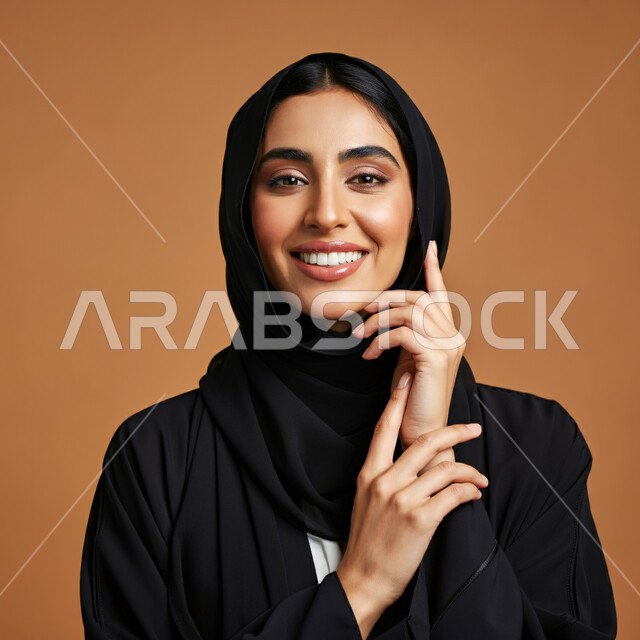 مفهوم النعومة والأنوثة، أزياء محجبات عصرية راقية، الأناقة والاهتمام بالمظهر الخارجي، بورتريه مقرب لامرأة عربية خليجية سعودية مبتسمة ترتدي العباءة والحجاب تنظر الى الكاميرا بإيماءات السرور و الثقة بالنفس، خلفية بنية 
