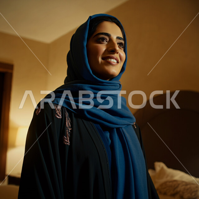 قضاء اوقات ممتعة في المنزل، الهدوء والاسترخاء والراحة، أزياء محجبات عصرية راقية، مفهوم الأناقة والاهتمام بالمظهر الخارجي، صورة مقربة لامرأة عربية خليجية سعودية مبتسمة ترتدي العباءة والحجاب تنظر الى شيء ما بإيماءات السرور و الثقة بالنفس