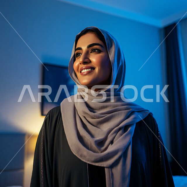 قضاء اوقات ممتعة في المنزل، الهدوء والاسترخاء والراحة، أزياء محجبات عصرية راقية، مفهوم الأناقة والاهتمام بالمظهر الخارجي، صورة مقربة لامرأة عربية خليجية سعودية مبتسمة ترتدي العباءة والحجاب تنظر الى شيء ما بإيماءات السرور و الثقة بالنفس