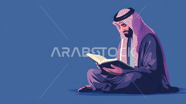 دور التعليم في تطوير المجتمع السعودي، أهمية القراءة في توسيع آفاق المعرفة وزيادة المعلومات، بورتريه لرجل عربي خليجي سعودي يرتدي الزي التقليدي يقرأ من كتاب، العلم مفتاح التطور والنجاح، خلفية كحلية