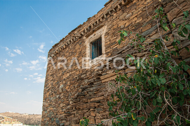 حصن تراثي تاريخي من الحجارة، الفن الهندسي المعماري للقصور والبناء القديم، المعالم السياحية المشهورة، قصر الأخوين في قرية الملد بمدينة الباحة في المملكة العربية السعودية، جذب السياح من أنحاء العالم