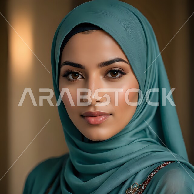 مفهوم النعومة والأنوثة، أزياء محجبات عصرية راقية، الأناقة والاهتمام بالمظهر الخارجي، بورتريه مقرب لامرأة عربية خليجي سعودية ترتدي الحجاب التركواز تنظر الى الكاميرا بإيماءات السرور والثقة بالنفس، خلفية بنية