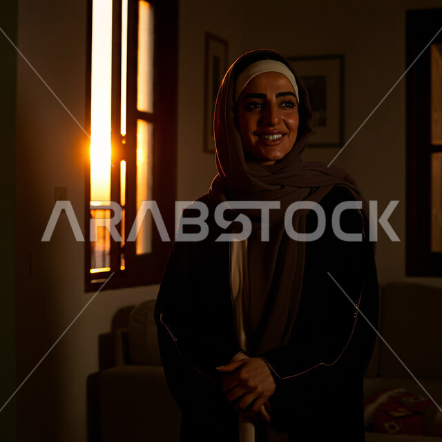 أزياء محجبات عصرية راقية، قضاء اوقات ممتعة في المنزل، الهدوء والاسترخاء والراحة، مفهوم الأناقة والاهتمام بالمظهر الخارجي، صورة مقربة لامرأة عربية خليجية سعودية مبتسمة ترتدي العباءة والحجاب تنظر الى شيء ما بإيماءات السرور و الثقة بالنفس