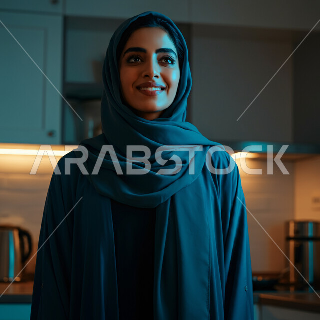 أزياء محجبات عصرية راقية، قضاء اوقات ممتعة في المنزل، الهدوء والاسترخاء والراحة، مفهوم الأناقة والاهتمام بالمظهر الخارجي، صورة مقربة لامرأة عربية خليجية سعودية مبتسمة ترتدي العباءة والحجاب تنظر الى شيء ما بإيماءات السرور و الثقة بالنفس