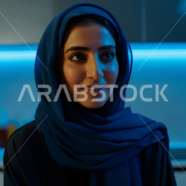 Modern and elegant veiled fashion, spending enjoyable times at home, calm, relaxation and comfort, the concept of elegance and interest in external appearance, a close-up image of a smiling Saudi Arabian Gulf woman wearing an abaya and veil looking at something with gestures of pleasure and self-confidence