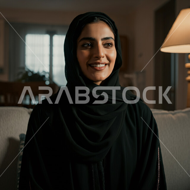 قضاء اوقات ممتعة في المنزل، الهدوء والاسترخاء والراحة، أزياء محجبات عصرية راقية، مفهوم الأناقة والاهتمام بالمظهر الخارجي، صورة مقربة لامرأة عربية خليجية سعودية مبتسمة ترتدي العباءة والحجاب تنظر الى شيء ما بإيماءات السرور و الثقة بالنفس