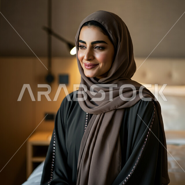 الأناقة والاهتمام بالمظهر الخارجي، أزياء محجبات عصرية راقية، قضاء اوقات ممتعة في المنزل، مفهوم الهدوء والاسترخاء والراحة، صورة مقربة لامرأة عربية خليجية سعودية مبتسمة ترتدي العباءة والحجاب تنظر الى شيء ما بإيماءات السرور و الثقة بالنفس