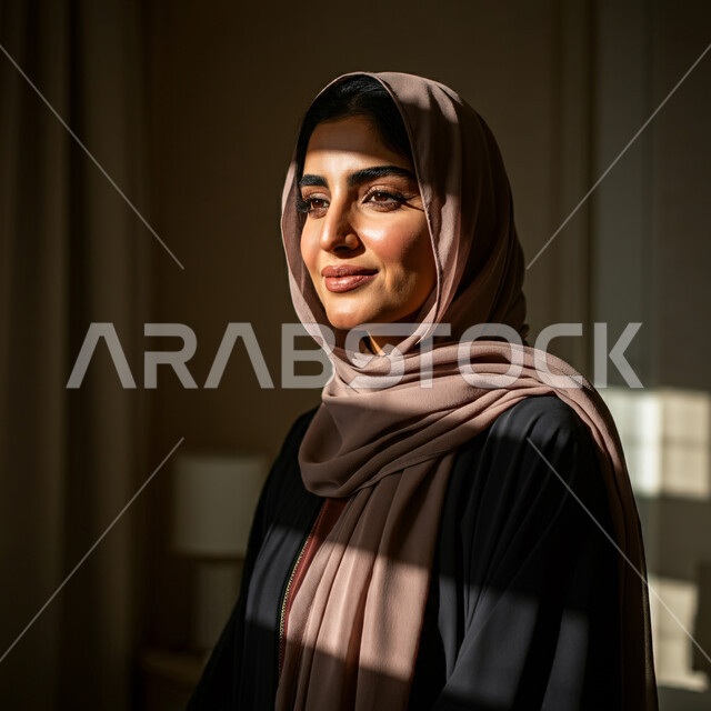 الأناقة والاهتمام بالمظهر الخارجي، أزياء محجبات عصرية راقية، قضاء اوقات ممتعة في المنزل، مفهوم الهدوء والاسترخاء والراحة، صورة مقربة لامرأة عربية خليجية سعودية مبتسمة ترتدي العباءة والحجاب تنظر الى شيء ما بإيماءات السرور و الثقة بالنفس