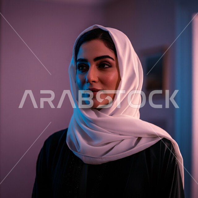الأناقة والاهتمام بالمظهر الخارجي، أزياء محجبات عصرية راقية، قضاء اوقات ممتعة في المنزل، مفهوم الهدوء والاسترخاء والراحة، صورة مقربة لامرأة عربية خليجية سعودية مبتسمة ترتدي العباءة والحجاب تنظر الى شيء ما بإيماءات السرور و الثقة بالنفس