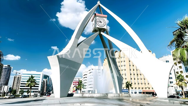 الفن الهندسي المعماري على الطراز الحديث لبرج الساعه في الديرة في مدينة دبي وقت النهار, مقصد السياح و الزائرين من مختلف البلدان, أماكن ومعالم سياحية مشهورة, النمو والتطور العمراني في الامارات العربية المتحدة
