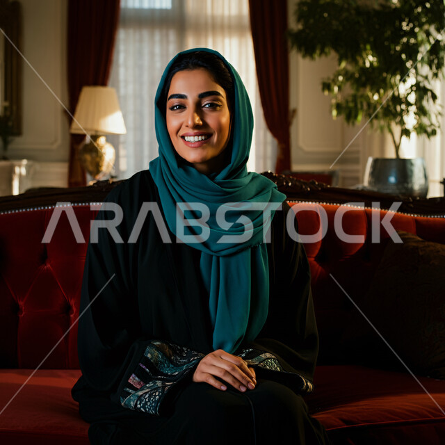 الاهتمام بالمظهر الخارجي، أزياء محجبات عصرية راقية، قضاء اوقات ممتعة في المنزل، مفهوم الهدوء والاسترخاء والراحة، صورة مقربة لامرأة عربية خليجية سعودية مبتسمة ترتدي العباءة والحجاب تنظر الى الكاميرا بإيماءات السرور و الثقة بالنفس، الملامح العربية الأصيلة