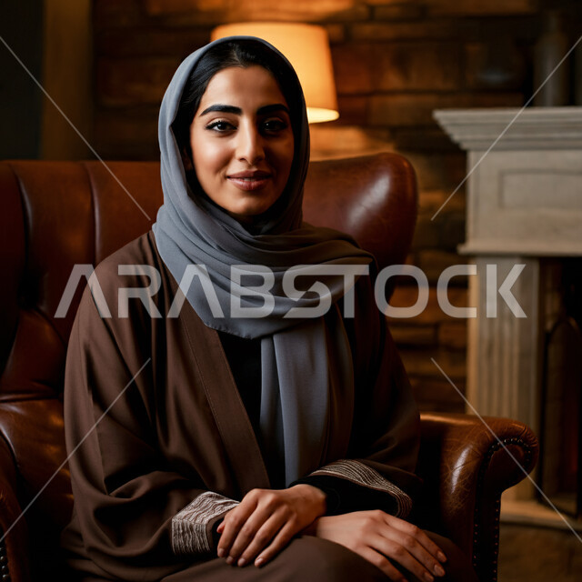 الاهتمام بالمظهر الخارجي، أزياء محجبات عصرية راقية، قضاء اوقات ممتعة في المنزل، مفهوم الهدوء والاسترخاء والراحة، صورة لامرأة عربية خليجية سعودية مبتسمة ترتدي العباءة والحجاب تنظر الى الكاميرا بإيماءات السرور و الثقة بالنفس، الملامح العربية الأصيلة