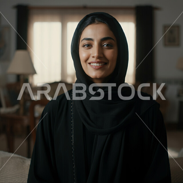 الاهتمام بالمظهر الخارجي، أزياء محجبات عصرية راقية، قضاء اوقات ممتعة في المنزل، مفهوم الهدوء والاسترخاء والراحة، صورة مقربة لامرأة عربية خليجية سعودية مبتسمة ترتدي العباءة والحجاب تنظر الى الكاميرا بإيماءات السرور و الثقة بالنفس، الملامح العربية الأصيلة