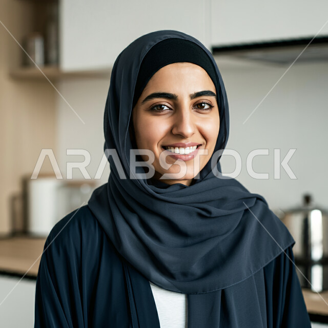 الاهتمام بالمظهر الخارجي، أزياء محجبات عصرية راقية، قضاء اوقات ممتعة في المنزل، مفهوم الهدوء والاسترخاء والراحة، صورة مقربة لامرأة عربية خليجية سعودية مبتسمة ترتدي العباءة والحجاب تنظر الى الكاميرا بإيماءات السرور و الثقة بالنفس، الملامح العربية الأصيلة