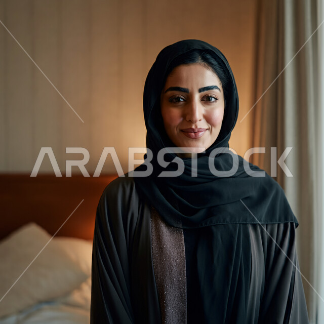 الأناقة والاهتمام بالمظهر الخارجي، أزياء محجبات عصرية راقية، قضاء اوقات ممتعة في المنزل، مفهوم الهدوء والاسترخاء والراحة، صورة مقربة لامرأة عربية خليجية سعودية مبتسمة ترتدي العباءة والحجاب تنظر الى الكاميرا بإيماءات السرور و الثقة بالنفس، الملامح العربية الأصيلة