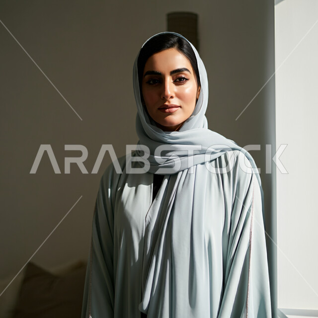 الأناقة والاهتمام بالمظهر الخارجي، أزياء محجبات عصرية راقية، قضاء اوقات ممتعة في المنزل، مفهوم الهدوء والاسترخاء والراحة، صورة مقربة لامرأة عربية خليجية سعودية مبتسمة ترتدي العباءة والحجاب تنظر الى الكاميرا بإيماءات السرور و الثقة بالنفس، الملامح العربية الأصيلة