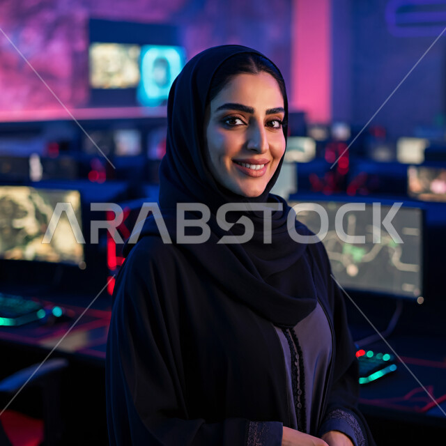 الأناقة والاهتمام بالمظهر الخارجي، أزياء محجبات عصرية راقية، قضاء اوقات ممتعة في المنزل، مفهوم الهدوء والاسترخاء والراحة، صورة مقربة لامرأة عربية خليجية سعودية مبتسمة ترتدي العباءة والحجاب تنظر الى الكاميرا بإيماءات السرور و الثقة بالنفس، الملامح العربية الأصيلة