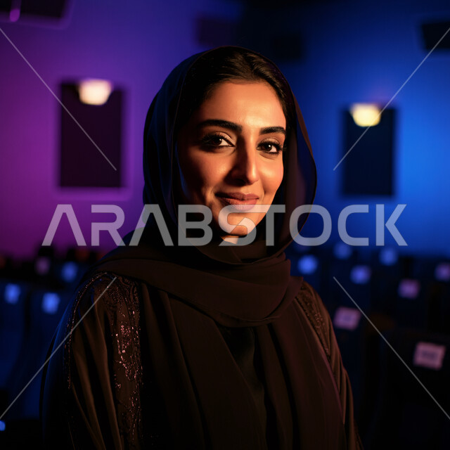 الملامح العربية الأصيلة، الأناقة والاهتمام بالمظهر الخارجي، أزياء محجبات عصرية راقية، قضاء اوقات ممتعة في المنزل، مفهوم الهدوء والاسترخاء والراحة، صورة مقربة لامرأة عربية خليجية سعودية مبتسمة ترتدي العباءة والحجاب تنظر الى الكاميرا بإيماءات السرور و الثقة بالنفس