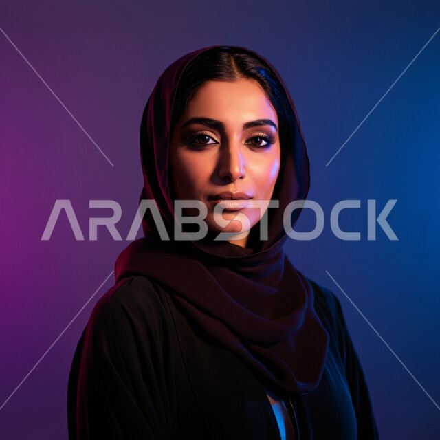 الملامح العربية الأصيلة، الأناقة والاهتمام بالمظهر الخارجي، أزياء محجبات عصرية راقية، قضاء اوقات ممتعة في المنزل، مفهوم الهدوء والاسترخاء والراحة، صورة مقربة لامرأة عربية خليجية سعودية مبتسمة ترتدي العباءة والحجاب تنظر الى الكاميرا بإيماءات السرور و الثقة بالنفس