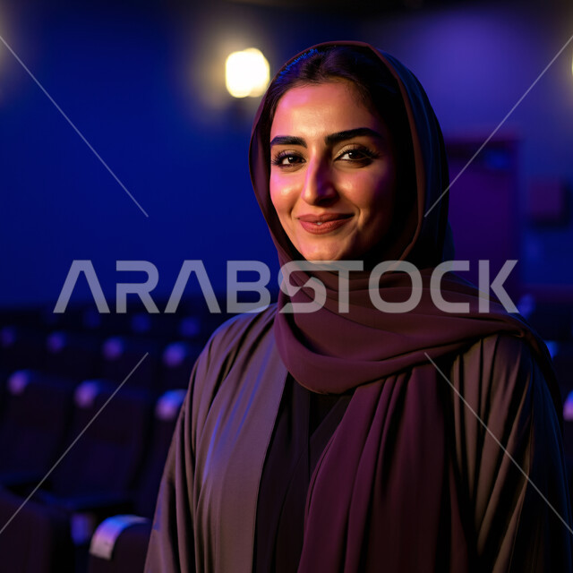 الملامح العربية الأصيلة، الأناقة والاهتمام بالمظهر الخارجي، أزياء محجبات عصرية راقية، قضاء اوقات ممتعة في المنزل، مفهوم الهدوء والاسترخاء والراحة، صورة مقربة لامرأة عربية خليجية سعودية مبتسمة ترتدي العباءة والحجاب تنظر الى الكاميرا بإيماءات السرور و الثقة بالنفس