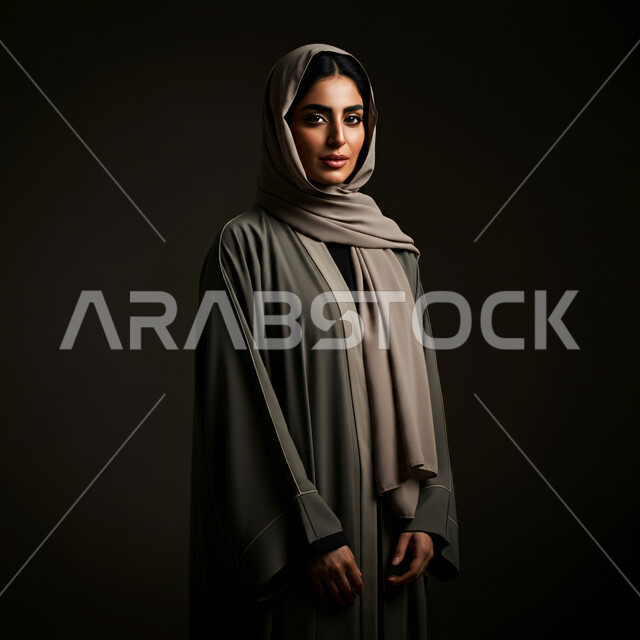 الاهتمام بالمظهر الخارجي، أزياء محجبات عصرية راقية، قضاء اوقات ممتعة في المنزل، مفهوم الهدوء والاسترخاء والراحة، بورتريه لامرأة عربية خليجية سعودية مبتسمة ترتدي العباءة والحجاب تنظر الى الكاميرا بإيماءات السرور و الثقة بالنفس، الملامح العربية الأصيلة، خلفية سوداء