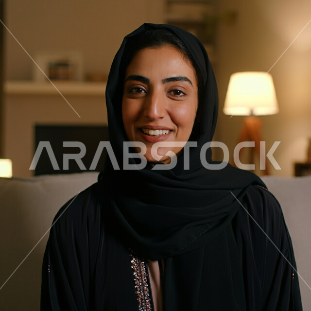 الملامح العربية الأصيلة، الأناقة والاهتمام بالمظهر الخارجي، أزياء محجبات عصرية راقية، قضاء اوقات ممتعة في المنزل، مفهوم الهدوء والاسترخاء والراحة، صورة مقربة لامرأة عربية خليجية سعودية مبتسمة ترتدي العباءة والحجاب تنظر الى الكاميرا بإيماءات السرور و الثقة بالنفس