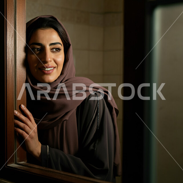 قضاء اوقات ممتعة في المنزل، الهدوء والاسترخاء والراحة، أزياء محجبات عصرية راقية، مفهوم الأناقة والاهتمام بالمظهر الخارجي، صورة مقربة لامرأة عربية خليجية سعودية مبتسمة ترتدي العباءة والحجاب تنظر الى شيء ما بإيماءات السرور و الثقة بالنفس