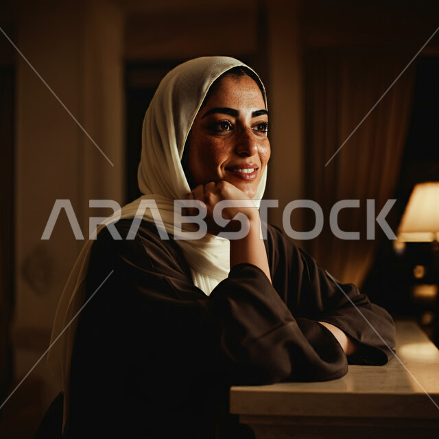 قضاء اوقات ممتعة في المنزل، الهدوء والاسترخاء والراحة، أزياء محجبات عصرية راقية، مفهوم الأناقة والاهتمام بالمظهر الخارجي، صورة مقربة لامرأة عربية خليجية سعودية مبتسمة ترتدي العباءة والحجاب تنظر الى شيء ما بإيماءات السرور و الثقة بالنفس