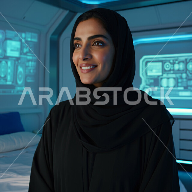 قضاء اوقات ممتعة في المنزل، الهدوء والاسترخاء والراحة، أزياء محجبات عصرية راقية، مفهوم الأناقة والاهتمام بالمظهر الخارجي، صورة مقربة لامرأة عربية خليجية سعودية مبتسمة ترتدي العباءة والحجاب تنظر الى شيء ما بإيماءات السرور و الثقة بالنفس