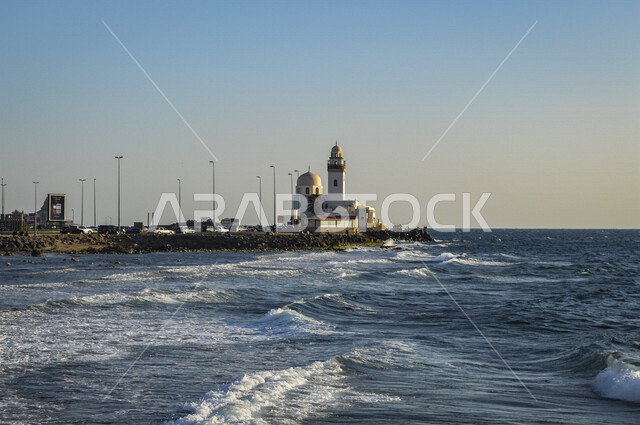 A picture of the Corniche Beach Mosque in Jeddah, Saudi Arabia, the waterfront of the Jeddah Corniche, the beauty of nature in Jeddah, the architecture of Saudi Arabia