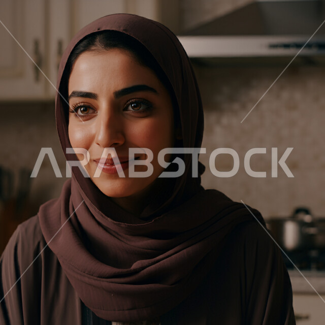 أزياء محجبات عصرية راقية، الاهتمام بالمظهر الخارجي، قضاء اوقات ممتعة في المنزل، مفهوم الهدوء والاسترخاء والراحة، صورة مقربة لامرأة عربية خليجية سعودية مبتسمة ترتدي العباءة والحجاب تنظر الى شيء ما بإيماءات السرور و الثقة بالنفس