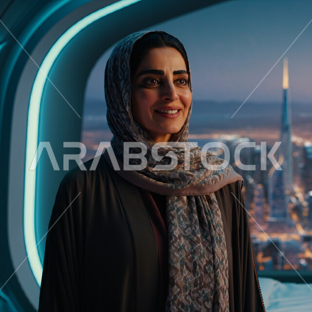 أزياء محجبات عصرية راقية، الاهتمام بالمظهر الخارجي، قضاء اوقات ممتعة في المنزل، مفهوم الهدوء والاسترخاء والراحة، صورة مقربة لامرأة عربية خليجية سعودية مبتسمة ترتدي العباءة والحجاب تنظر الى شيء ما بإيماءات السرور و الثقة بالنفس