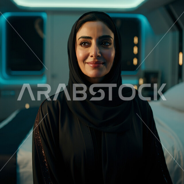 أزياء محجبات عصرية راقية، الاهتمام بالمظهر الخارجي، قضاء اوقات ممتعة في المنزل، مفهوم الهدوء والاسترخاء والراحة، صورة مقربة لامرأة عربية خليجية سعودية مبتسمة ترتدي العباءة والحجاب تنظر الى شيء ما بإيماءات السرور و الثقة بالنفس