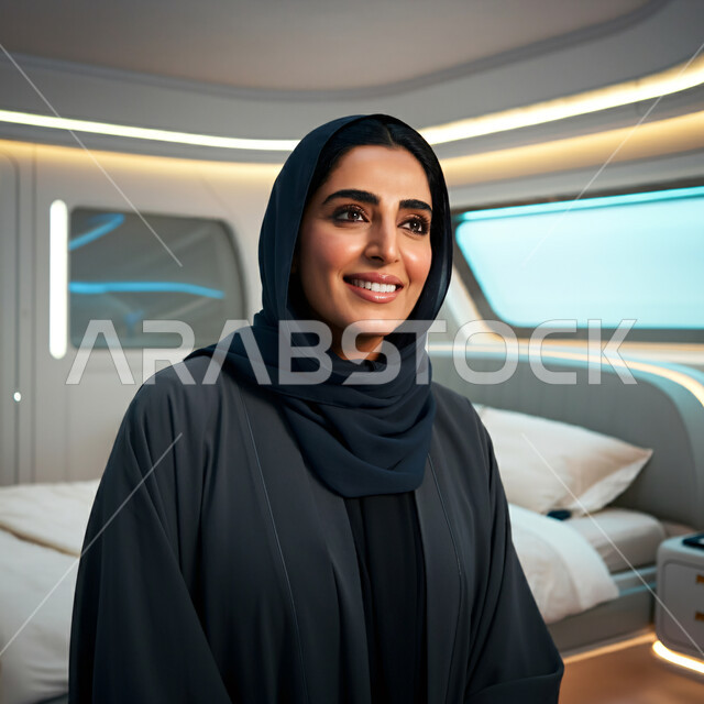 أزياء محجبات عصرية راقية، الاهتمام بالمظهر الخارجي، قضاء اوقات ممتعة في المنزل، مفهوم الهدوء والاسترخاء والراحة، صورة مقربة لامرأة عربية خليجية سعودية مبتسمة ترتدي العباءة والحجاب تنظر الى شيء ما بإيماءات السرور و الثقة بالنفس