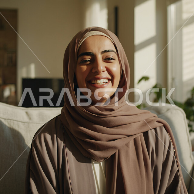 أزياء محجبات عصرية راقية، الاهتمام بالمظهر الخارجي، قضاء اوقات ممتعة في المنزل، مفهوم الهدوء والاسترخاء والراحة، صورة مقربة لامرأة عربية خليجية سعودية مبتسمة ترتدي العباءة والحجاب تنظر الى شيء ما بإيماءات السرور و الثقة بالنفس