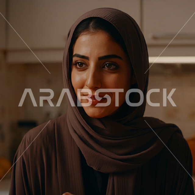 قضاء اوقات ممتعة في المنزل، الهدوء والاسترخاء والراحة، أزياء محجبات عصرية راقية، مفهوم الأناقة والاهتمام بالمظهر الخارجي، صورة مقربة لامرأة عربية خليجية سعودية مبتسمة ترتدي العباءة والحجاب تنظر الى شيء ما بإيماءات السرور و الثقة بالنفس
