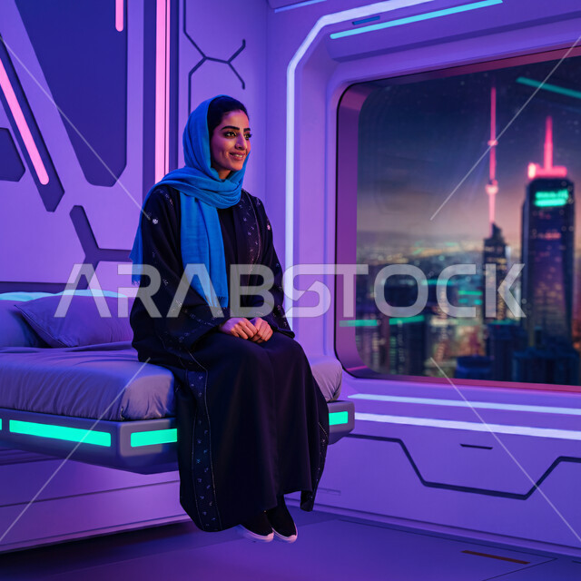 مفهوم الهدوء والاسترخاء والراحة، أزياء محجبات عصرية راقية، الاهتمام بالمظهر الخارجي، قضاء اوقات ممتعة في المنزل، صورة من الجانب لامرأة عربية خليجية سعودية مبتسمة ترتدي العباءة والحجاب تجلس على كرسي مريح تنظر الى مكان ما بإيماءات السرور و الثقة بالنفس