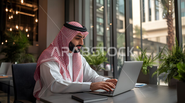 Integrating work with technology and technology, managing and organizing business affairs through technical devices, close-up image of a Saudi Arabian Gulf man wearing a traditional shemagh and thobe working on a laptop inside the company headquarters, administrative office jobs and professions in the Kingdom of Saudi Arabia
