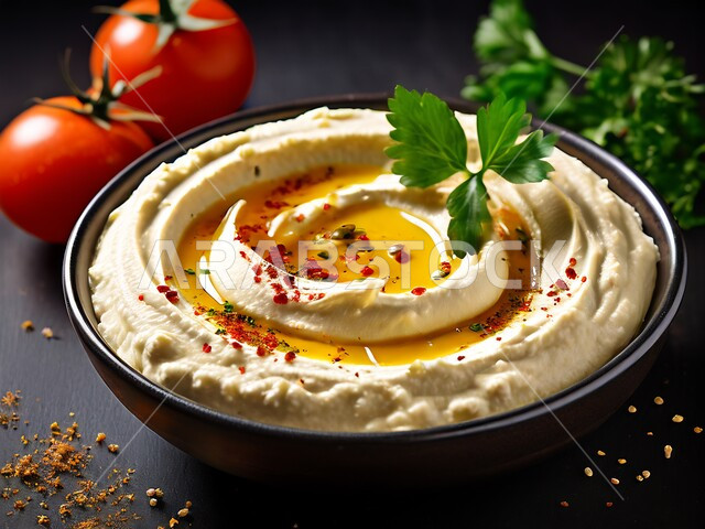 المأكولات الشرقية التقليدية، صورة مقربة لطبق من الحمص المطحون المزين بالحضار والزيت، وجبات الإفطار الصحية الشهية في المطاعم في المملكة العربية السعودية، أصناف المقبلات الشعبية، وصفات الطعام الغنية بالحبوب والبروتينات
