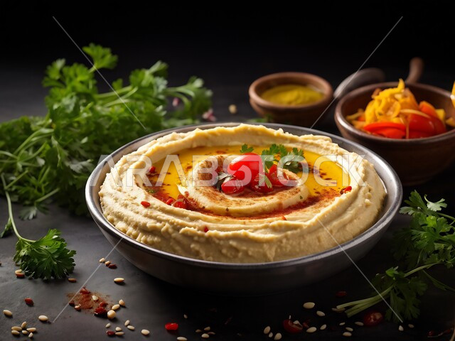 المأكولات الشرقية التقليدية، صورة مقربة لطبق من الحمص المطحون المزين بالحضار والزيت، وجبات الإفطار الصحية الشهية في المطاعم في المملكة العربية السعودية، أصناف المقبلات الشعبية، وصفات الطعام الغنية بالحبوب والبروتينات